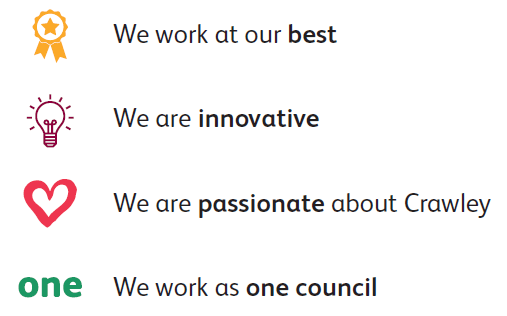 Our values are: we work at our best, we are innovate, we are passionate about Crawley, and we work as one council.